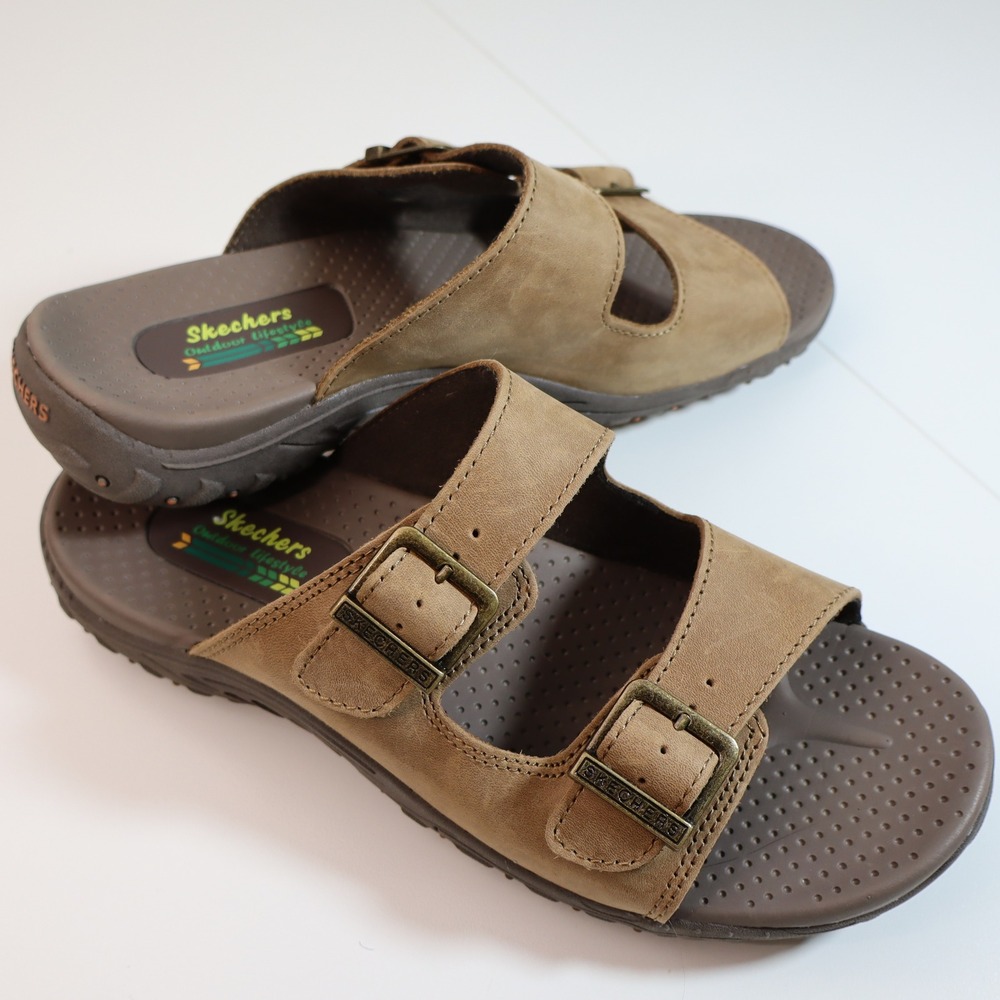 Skechers 46795EW Outdoor Lifestyle Mens 10 Brown Leather Buckle Slide Sandals